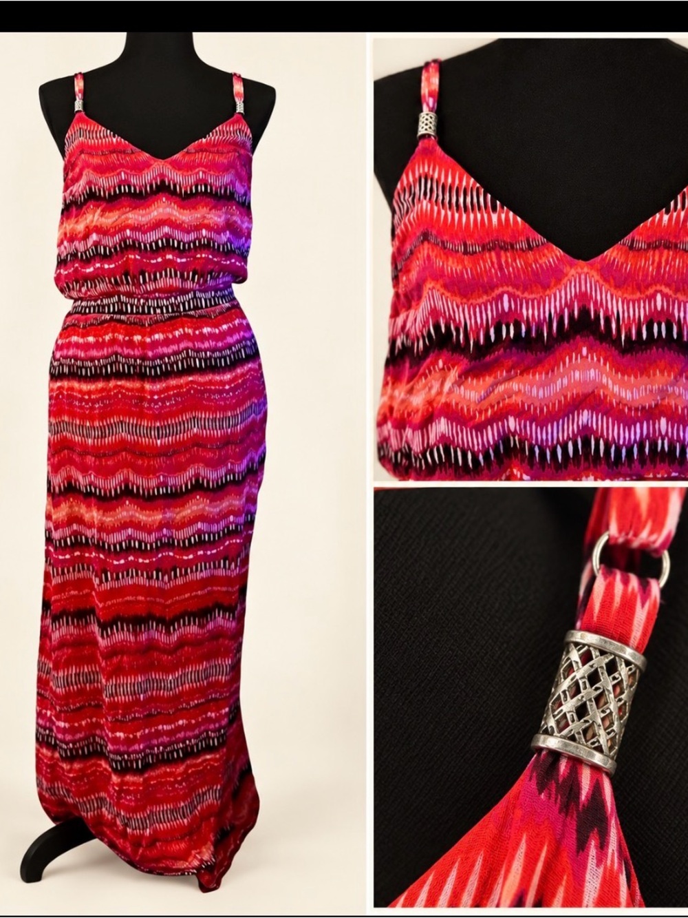 White House Black Market Pink and Red Chevron-Print Maxi Dress